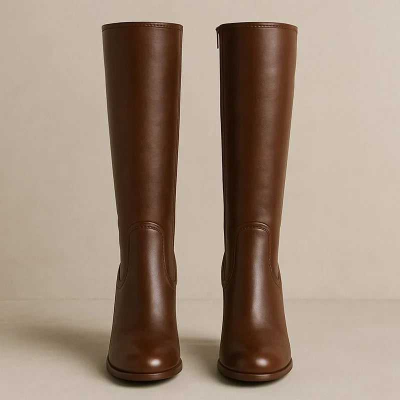 Sienna | Knee High Boots Tall Boots Women Leather Block Heel Side Zip Round Toe