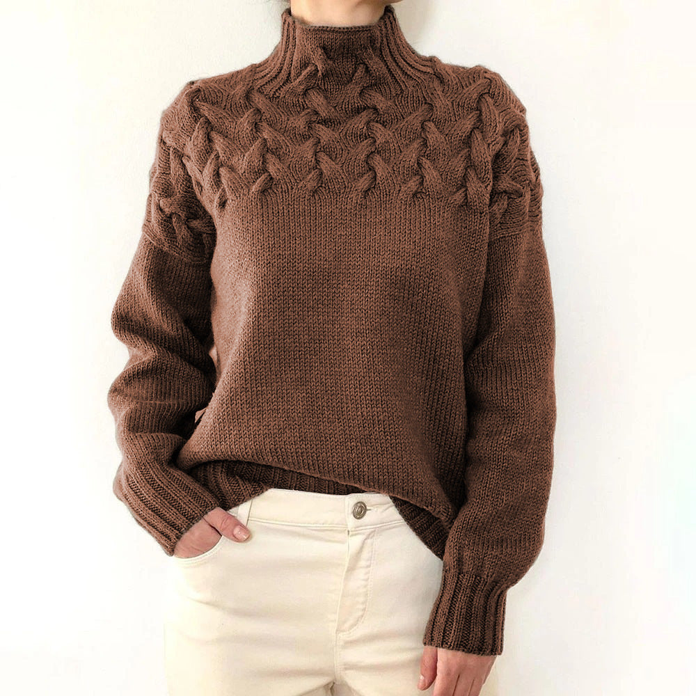 Brown Tessa turtleneck sweater for women by Christine Brewer, featuring a cozy knit design and fitted silhouette.