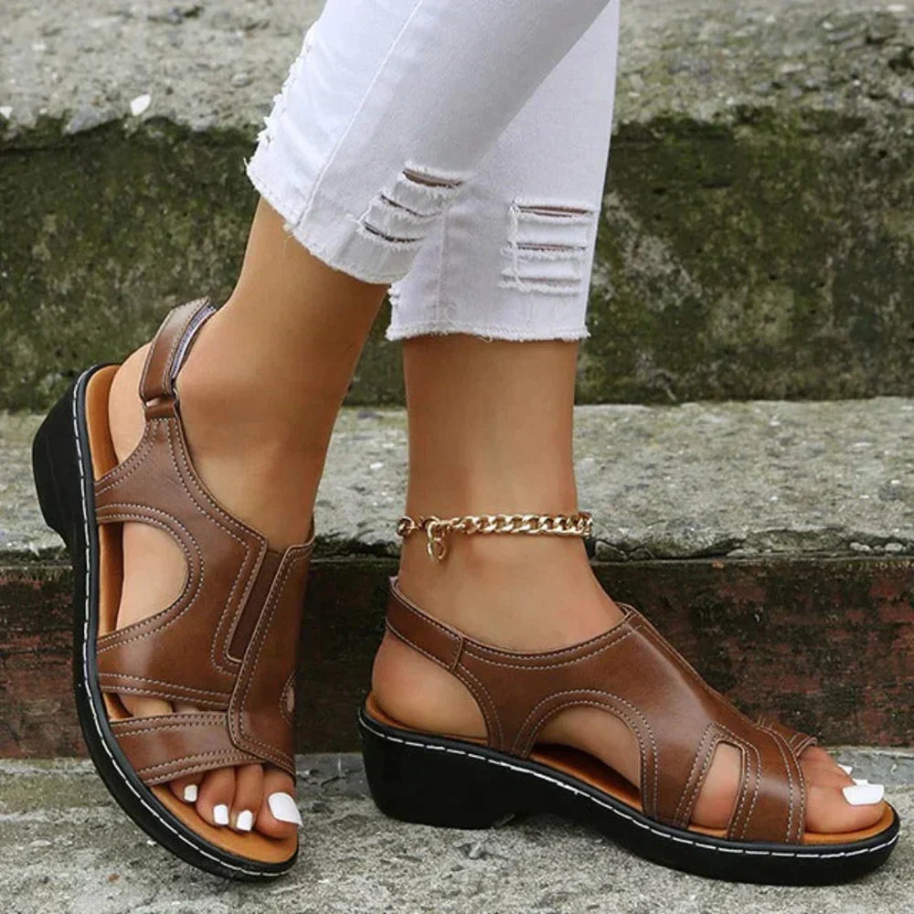 Brown Christine Brewer Jolie orthopedic leather sandals for women with comfort and support, featuring stylish design and cushioned soles.