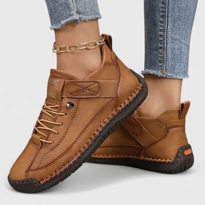 Brown Kymberleigh orthopedic sneakers for women by Christine Brewer, designed for comfortable walking and everyday support.