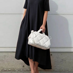 White high-low maxi dress with short sleeves by Christine Brewer, flowing solid color dress for casual or formal occasions.
