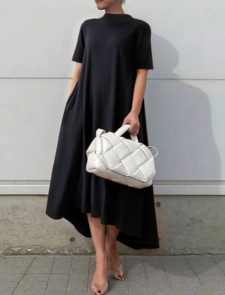 White high-low maxi dress with short sleeves by Christine Brewer, flowing solid color dress for casual or formal occasions.