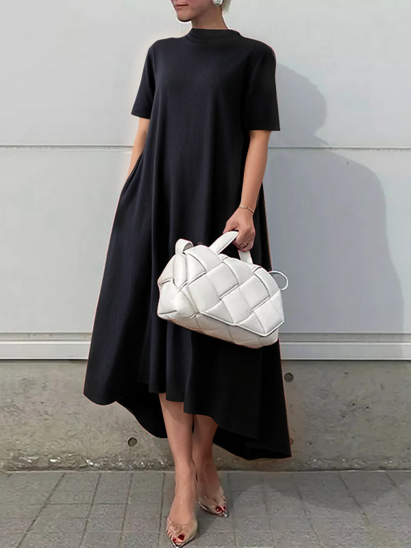 White high-low maxi dress with short sleeves by Christine Brewer, flowing solid color dress for casual or formal occasions.