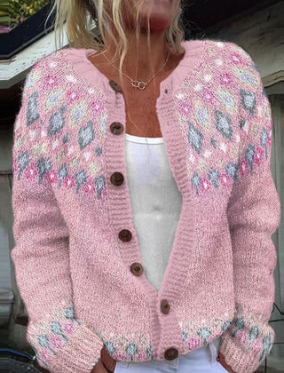 Gabriella button-front Nordic cardigan for women by Christine Brewer, featuring a cozy knit with Nordic patterns and front buttons.