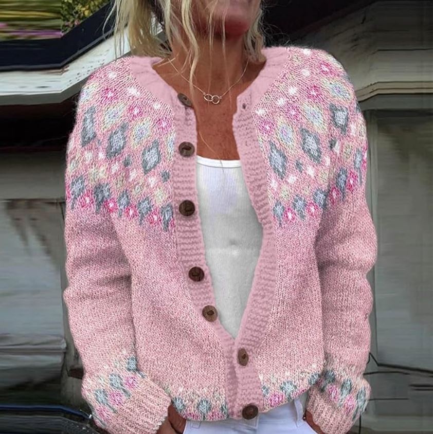 Gabriella button-front Nordic cardigan for women by Christine Brewer, featuring a cozy knit with Nordic patterns and front buttons.