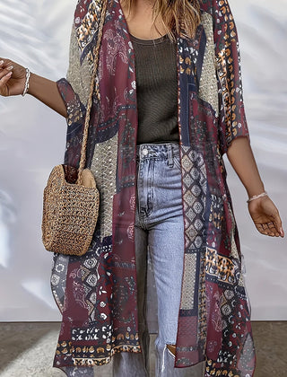 Plus size Kimono Cardigan for women by Christine Brewer, semi-sheer open front top with side slits and lightweight fabric.