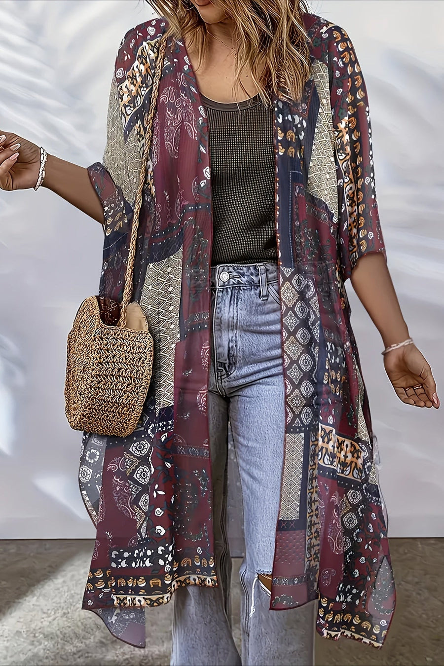 Plus size Kimono Cardigan for women by Christine Brewer, semi-sheer open front top with side slits and lightweight fabric.
