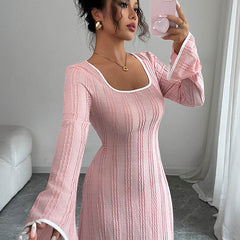 White A-line bodycon ribbed knit maxi dress with split-joint square neckline by Christine Brewer, shown on a mannequin.