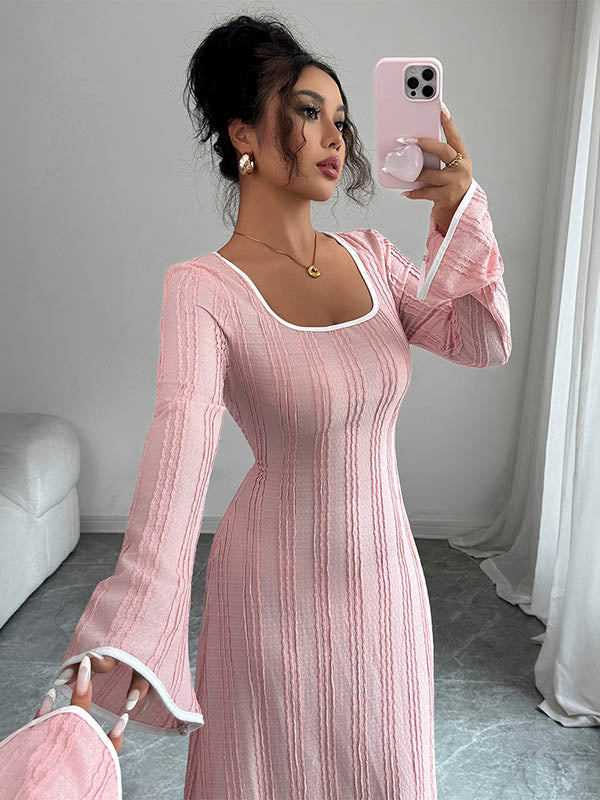 White A-line bodycon ribbed knit maxi dress with split-joint square neckline by Christine Brewer, shown on a mannequin.