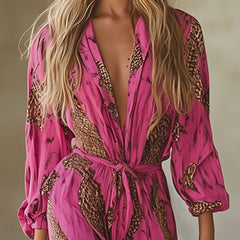 Rose red leopard print chiffon long sleeve jumpsuit for women by Christine Brewer, featuring stylish pants design and flowy fabric.