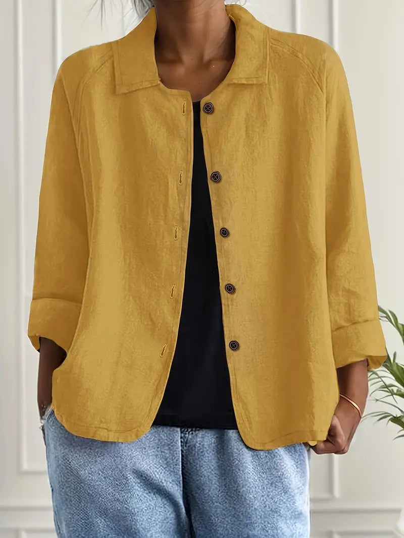 Woman wearing the Christine Brewer Ella casual button-front lightweight jacket, showcasing its relaxed fit and stylish design.