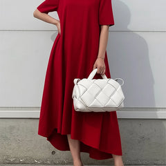 White high-low maxi dress with short sleeves by Christine Brewer, flowing solid color dress perfect for casual or formal wear.