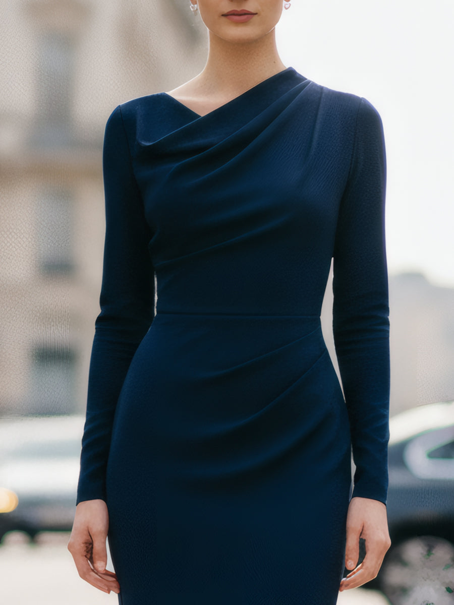 Navy draped long-sleeve midi dress by Christine Brewer, perfect for summer business occasions, shown on a model.