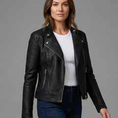 Nora women's faux leather jacket by Christine Brewer, tailored with a sleek design and classic collar, shown on a model.