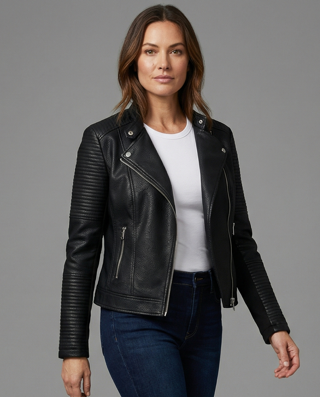 Nora women's faux leather jacket by Christine Brewer, tailored with a sleek design and classic collar, shown on a model.