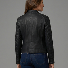 Nora faux leather jacket for women by Christine Brewer, tailored fit with sleek design and classic collar, shown in black.