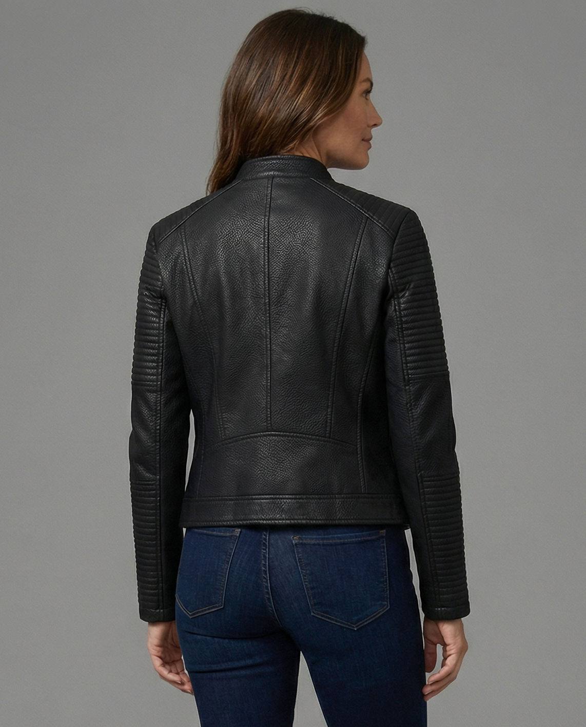 Nora faux leather jacket for women by Christine Brewer, tailored fit with sleek design and classic collar, shown in black.