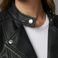 Nora sleek faux leather women's jacket by Christine Brewer, tailored fit with smooth texture and stylish design.