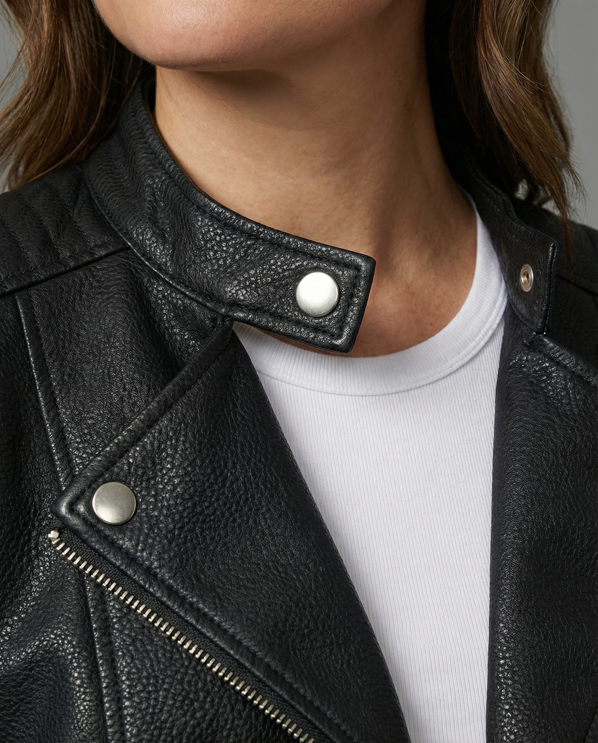 Nora sleek faux leather women's jacket by Christine Brewer, tailored fit with smooth texture and stylish design.