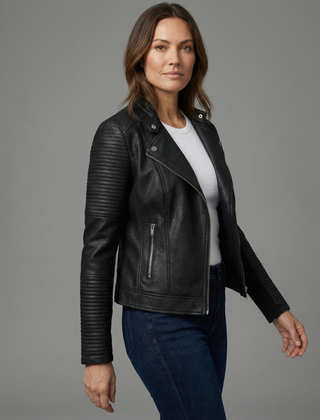 Black Nora faux leather jacket for women by Christine Brewer, tailored with a sleek, modern design and stylish fit.