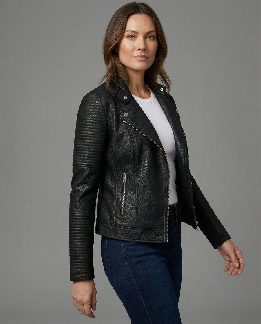Black Nora faux leather jacket for women by Christine Brewer, tailored with a sleek, modern design and stylish fit.