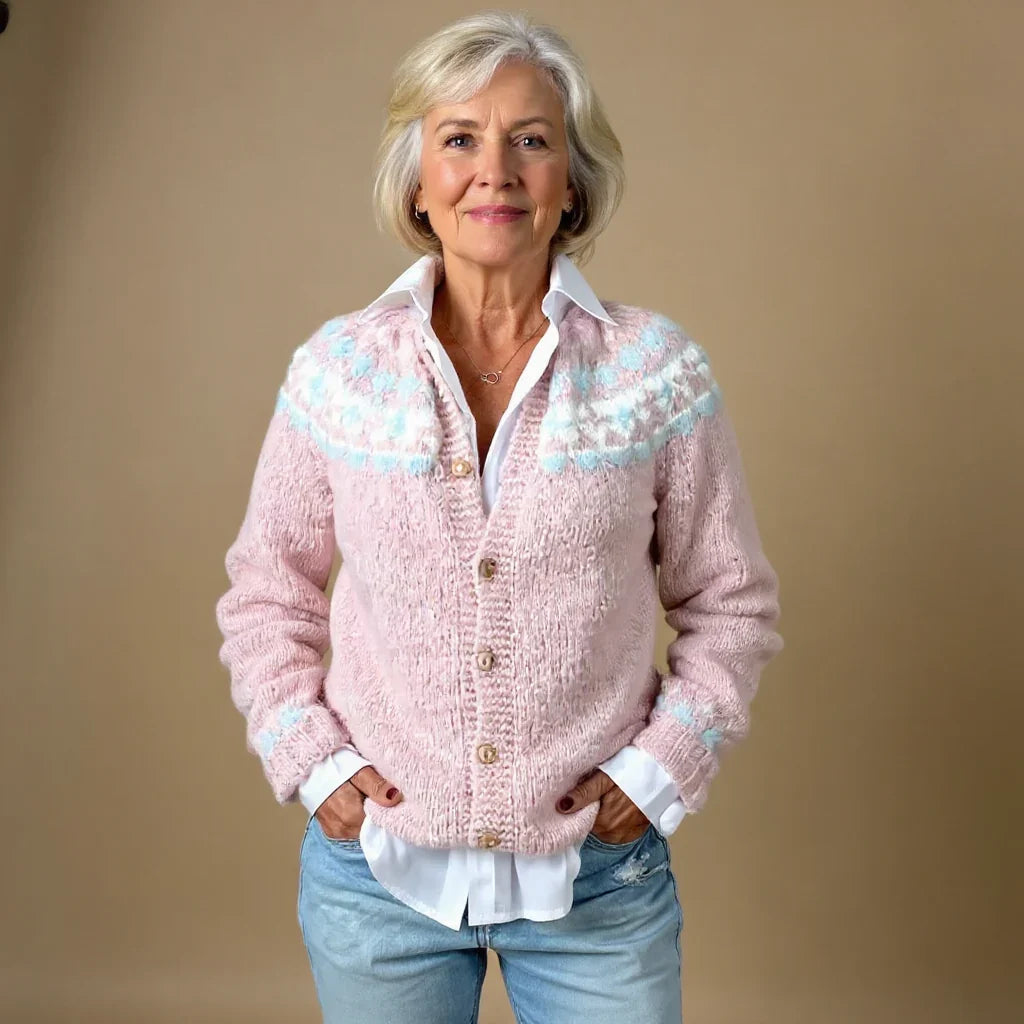 Freya | Fair Isle Knit Cardigan Sweater Button Front Christmas Women Winter Long Sleeve Collared