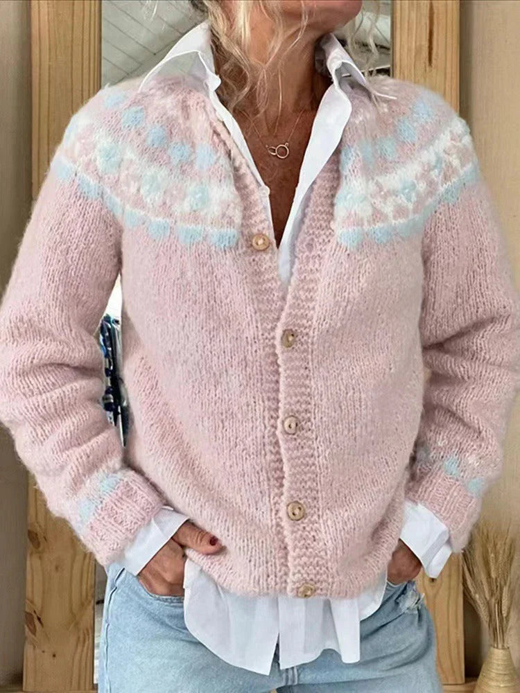 Freya | Fair Isle Knit Cardigan Sweater Button Front Christmas Women Winter Long Sleeve Collared