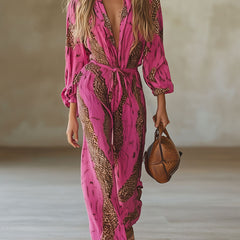 Rose red leopard print chiffon long sleeve jumpsuit for women by Christine Brewer, featuring stylish, flowy fabric and fashionable design.