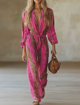 Rose red leopard print chiffon long sleeve jumpsuit for women by Christine Brewer, featuring stylish, flowy fabric and fashionable design.