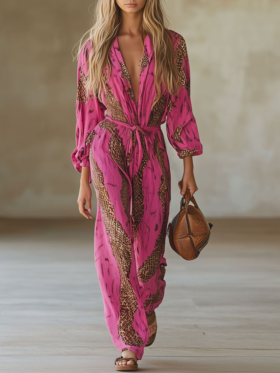 Rose red leopard print chiffon long sleeve jumpsuit for women by Christine Brewer, featuring stylish, flowy fabric and fashionable design.