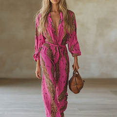 Rose red leopard print chiffon long sleeve jumpsuit for women by Christine Brewer, featuring stylish, flowy fabric and full-length pants.