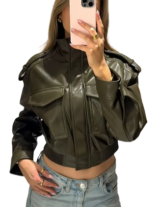 Faux leather Maya moto jacket for women by Christine Brewer, featuring a stylish jacket with a front zipper and classic lapel collar.
