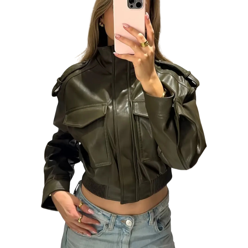 Faux leather Maya moto jacket for women by Christine Brewer, featuring a stylish jacket with a front zipper and classic lapel collar.