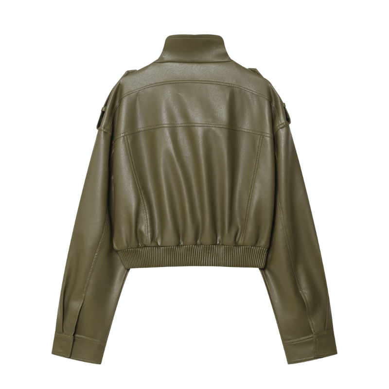 Women’s faux leather moto jacket by Christine Brewer, stylish and fitted, with classic lapel collar and zip details.