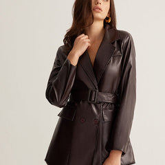 Zoe belted faux leather jacket for women by Christine Brewer, featuring a stylish design and front belt detail.