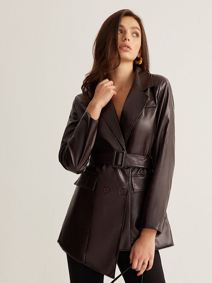 Zoe belted faux leather jacket for women by Christine Brewer, featuring a stylish design and front belt detail.