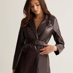 Zoe belted faux leather jacket for women by Christine Brewer, featuring a stylish design with a waist belt and classic leather look.