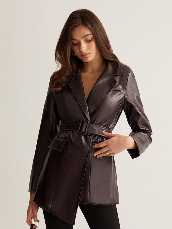 Zoe belted faux leather jacket for women by Christine Brewer, featuring a stylish design with a waist belt and classic leather look.