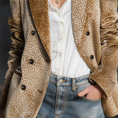 Khaki leopard print and color-block velvet blazer from Christine Brewer featuring a tailored fit and stylish lapel collar.
