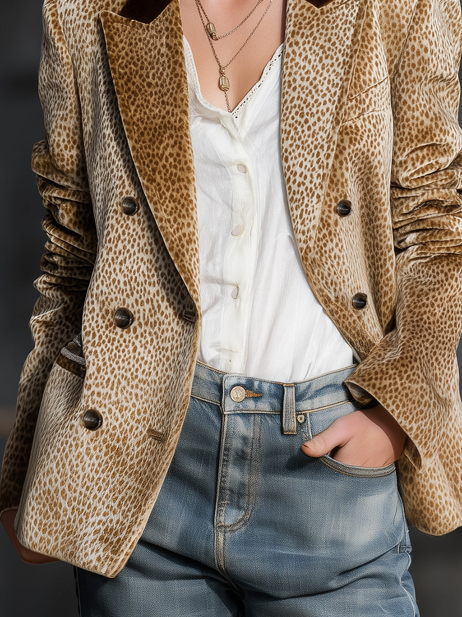 Khaki leopard print and color-block velvet blazer from Christine Brewer featuring a tailored fit and stylish lapel collar.