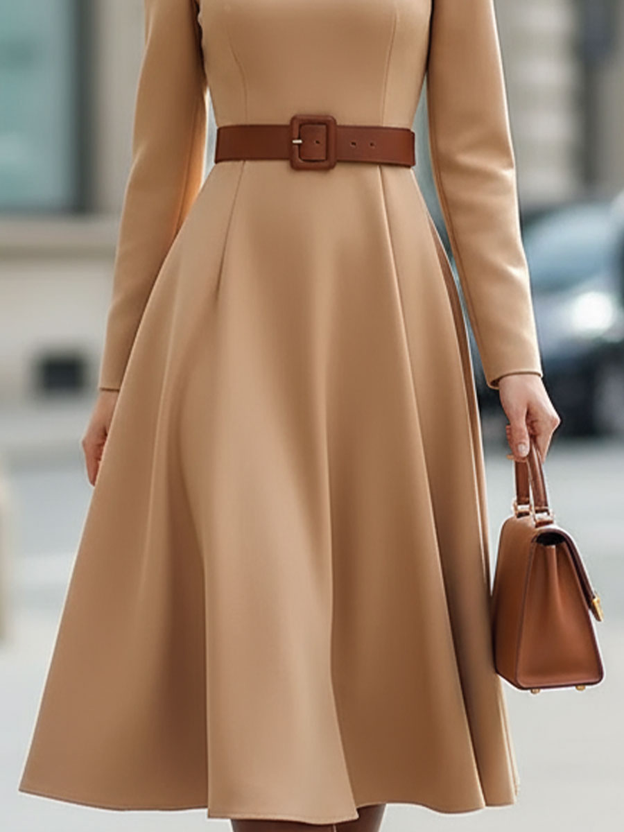 Elegant camel turtleneck belted midi dress by Christine Brewer, featuring a fitted silhouette and stylish design.
