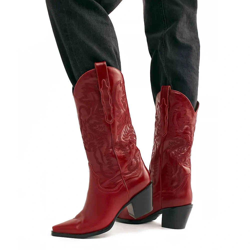Victoria1 | Cowboy Boots, Western Boots, Women, Pointed Toe, Block Heel, Embroidered, Pull On, Faux