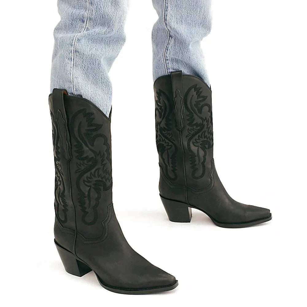 Victoria1 | Cowboy Boots, Western Boots, Women, Pointed Toe, Block Heel, Embroidered, Pull On, Faux