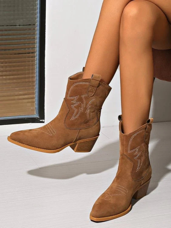 Madison1 | Cowboy Boots, Western Boots, Women, Pointed Toe, Block Heel, Embroidered, Mid-Calf, Pull On,