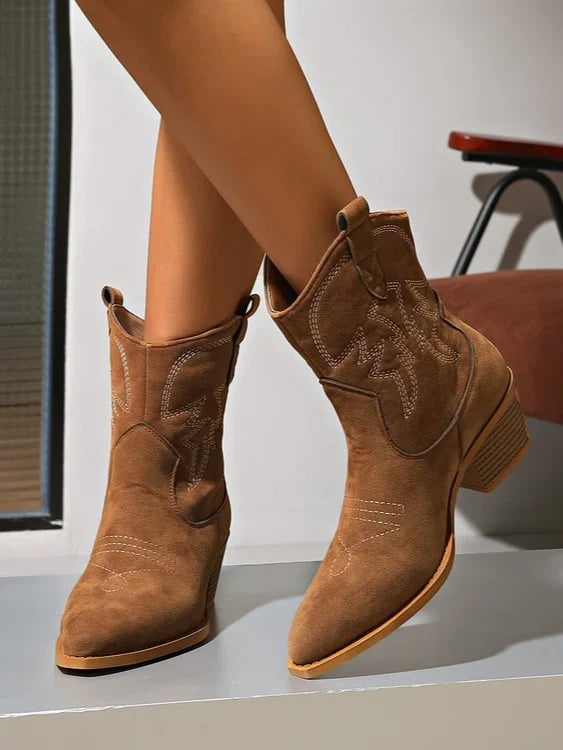 Madison1 | Cowboy Boots, Western Boots, Women, Pointed Toe, Block Heel, Embroidered, Mid-Calf, Pull On,