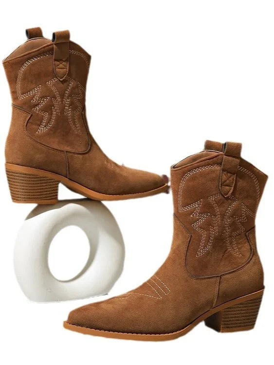Madison1 | Cowboy Boots, Western Boots, Women, Pointed Toe, Block Heel, Embroidered, Mid-Calf, Pull On,