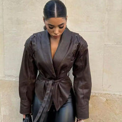 Women’s tailored faux leather blazer jacket by Christine Brewer, stylish and fitted, shown in a versatile white color.