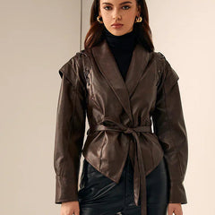 Christine Brewer Aria tailored faux leather blazer for women, stylish jacket with a fitted silhouette, black finish, and classic lapel design.