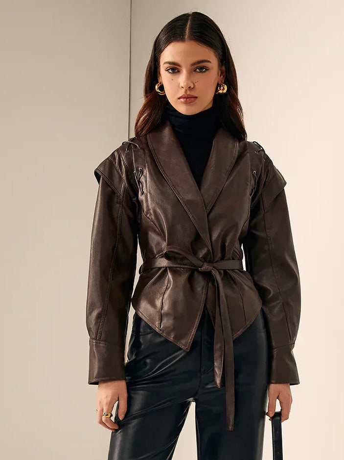 Christine Brewer Aria tailored faux leather blazer for women, stylish jacket with a fitted silhouette, black finish, and classic lapel design.