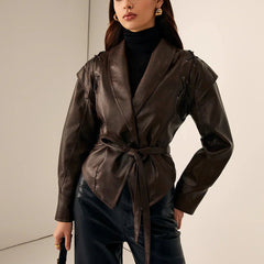 Faux leather blazer for women from Christine Brewer's Aria collection, tailored jacket with sleek design and classic fit.